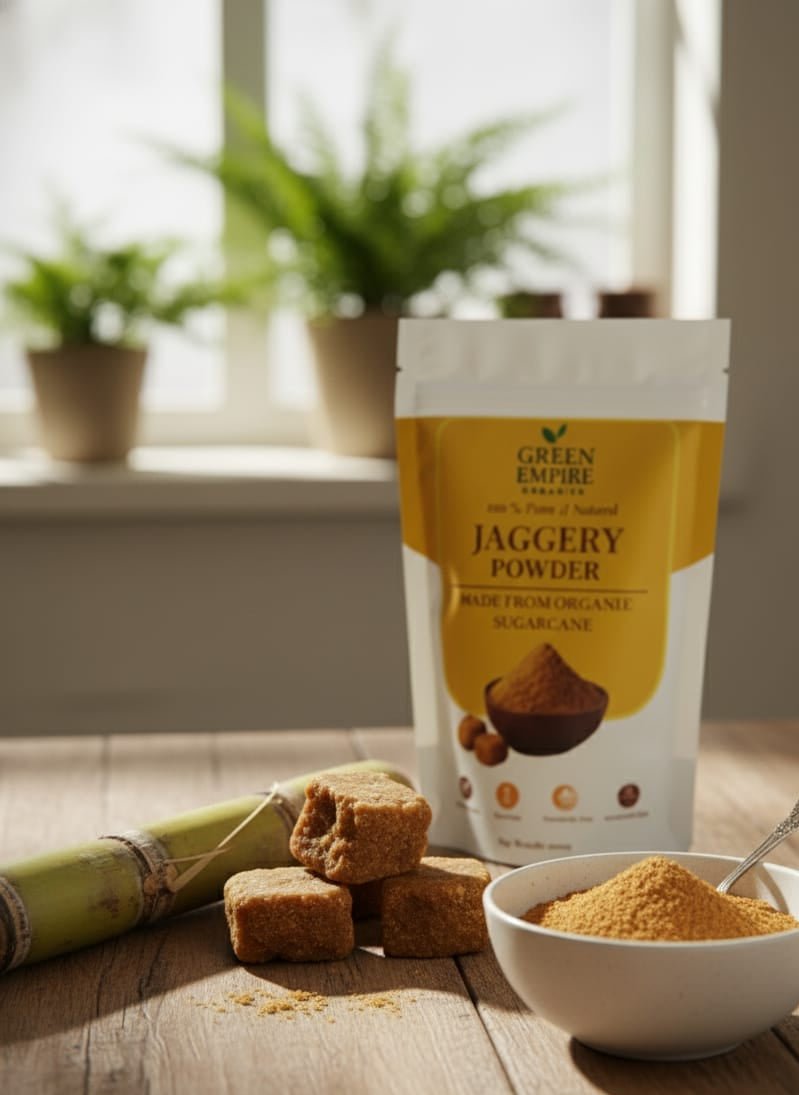 Green Empire Organics – 100% Pure Jaggery Powder Natural Sweetener • Unrefined Goodness • Mineral - Rich Nutrition (100 g) - Green Empire Organics