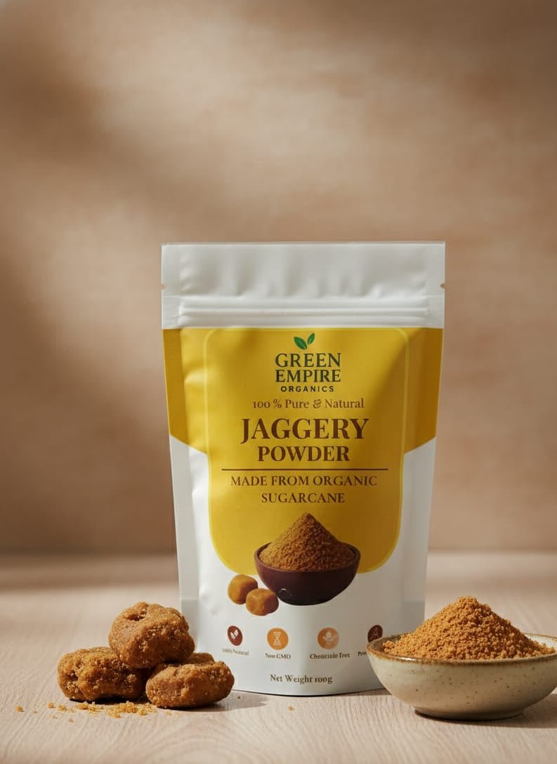 Green Empire Organics – 100% Pure Jaggery Powder Natural Sweetener • Unrefined Goodness • Mineral - Rich Nutrition (100 g) - Green Empire Organics