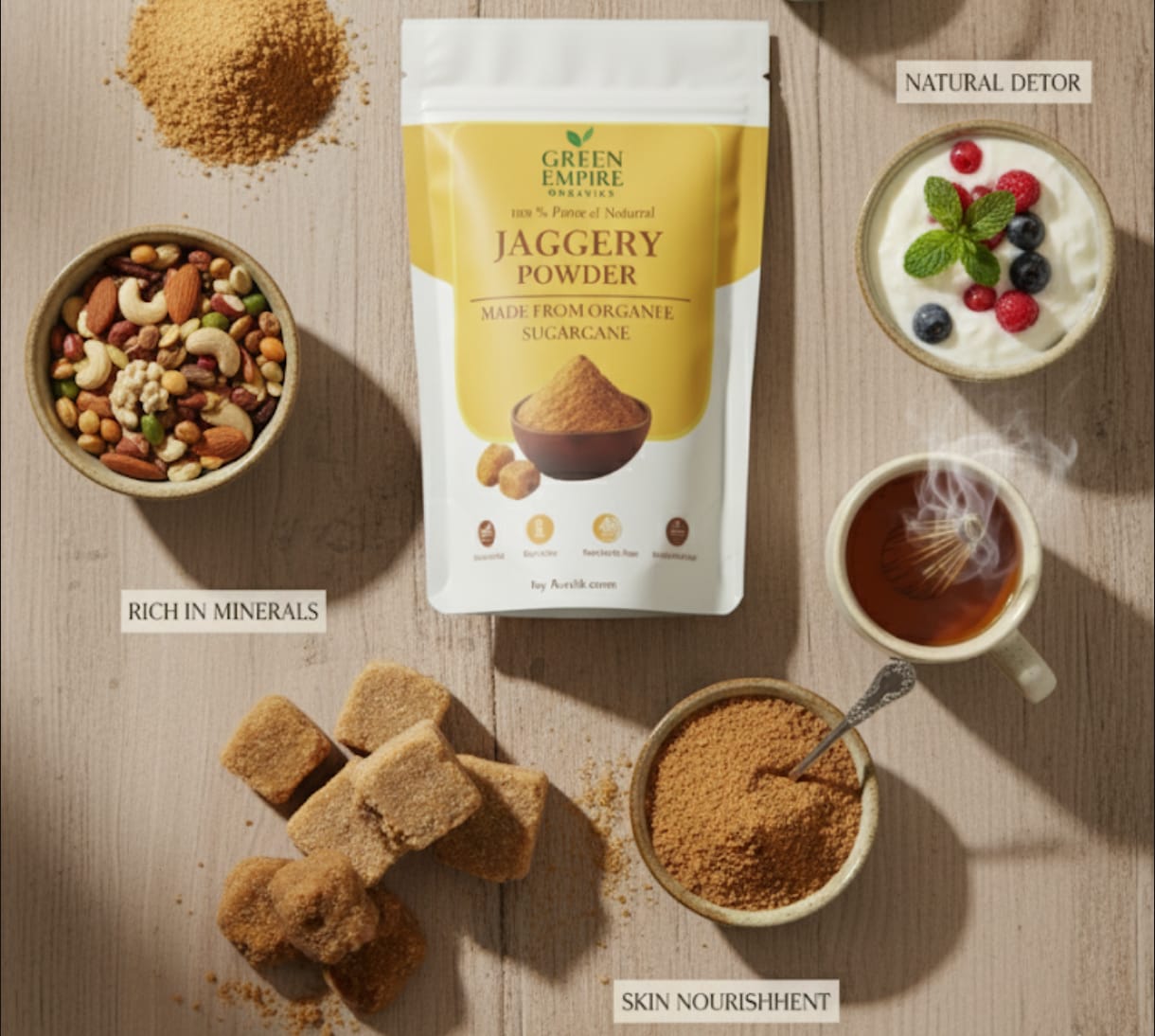 Green Empire Organics – 100% Pure Jaggery Powder Natural Sweetener • Unrefined Goodness • Mineral - Rich Nutrition (100 g) - Green Empire Organics
