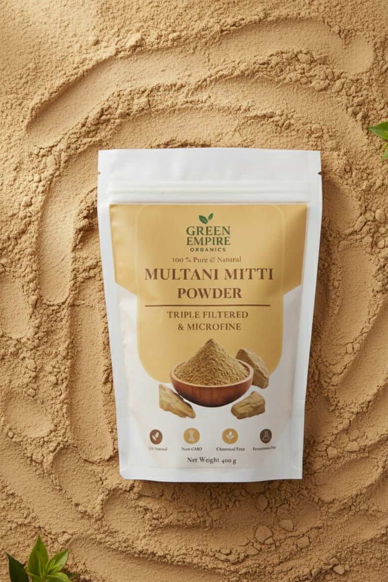 Green Empire Organics – 100% Pure Multani Mitti (Fuller’s Earth Clay) Deep - Cleansing | Brightening | Pore - Refining | Mineral - Rich Natural Face & Hair Care (400 g) - Green Empire Organics