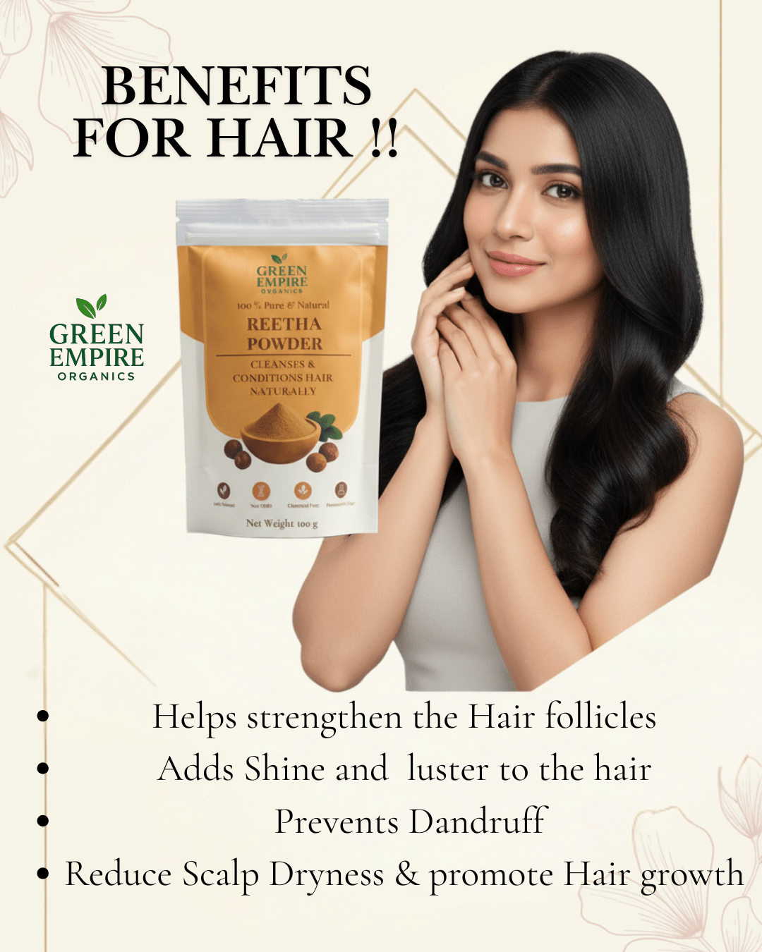 Green Empire Organics – 100% Pure Reetha (Soapnut) Powder Natural Hair Cleanser • Gentle Foaming • Ayurvedic Care (100 g) - Green Empire Organics