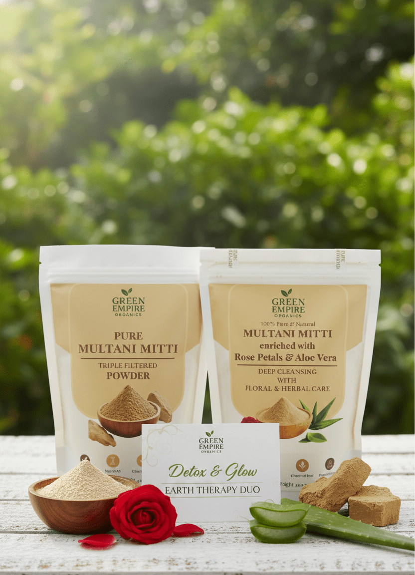 Green Empire Organics Detox & Glow Face Care Combo | Pure Multani Mitti & Rose - Aloe Enriched Clay for Deep Cleansing & Radiance - Green Empire Organics