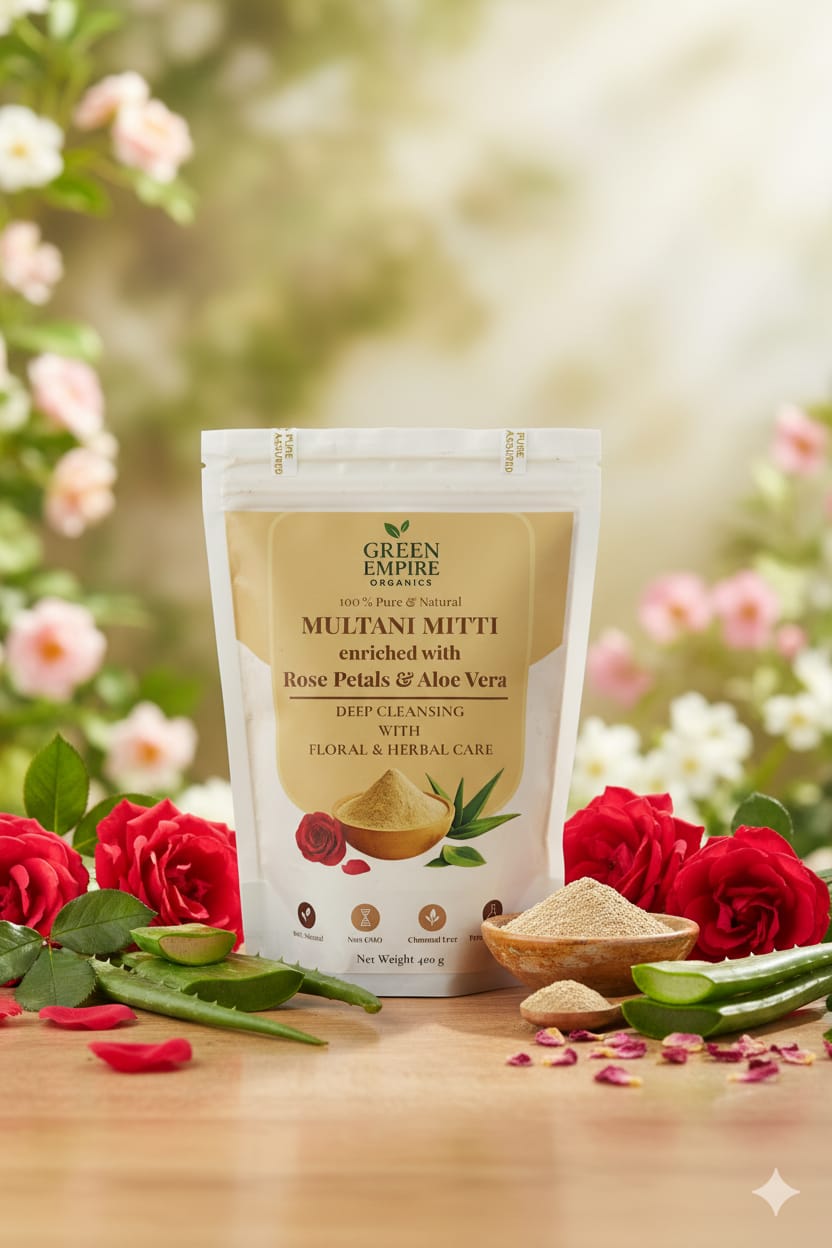 Green Empire Organics – Glow Restore Trio Blend (Multani Mitti • Rose Petal • Aloe Vera Powder) Brightening • Soothing • Deep Cleansing • Natural Radiance Care - Green Empire Organics