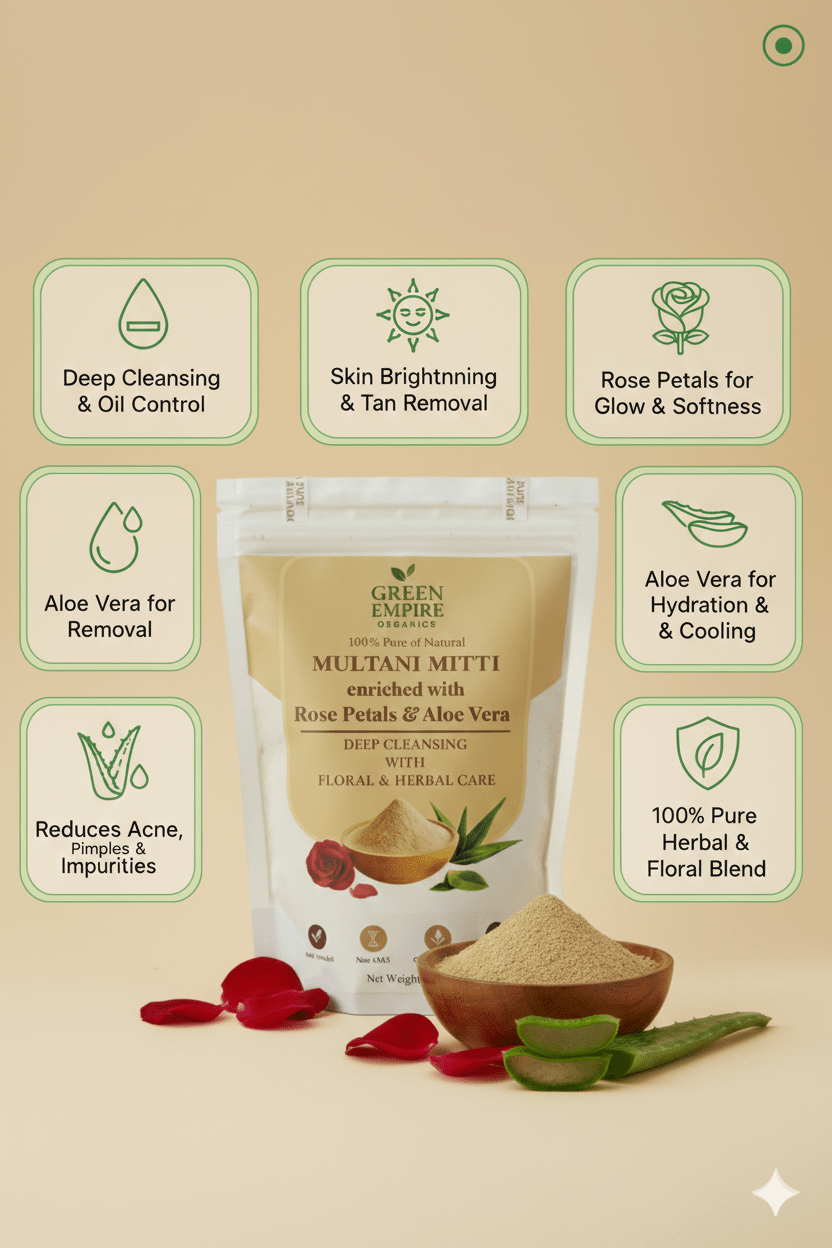 Green Empire Organics – Glow Restore Trio Blend (Multani Mitti • Rose Petal • Aloe Vera Powder) Brightening • Soothing • Deep Cleansing • Natural Radiance Care - Green Empire Organics