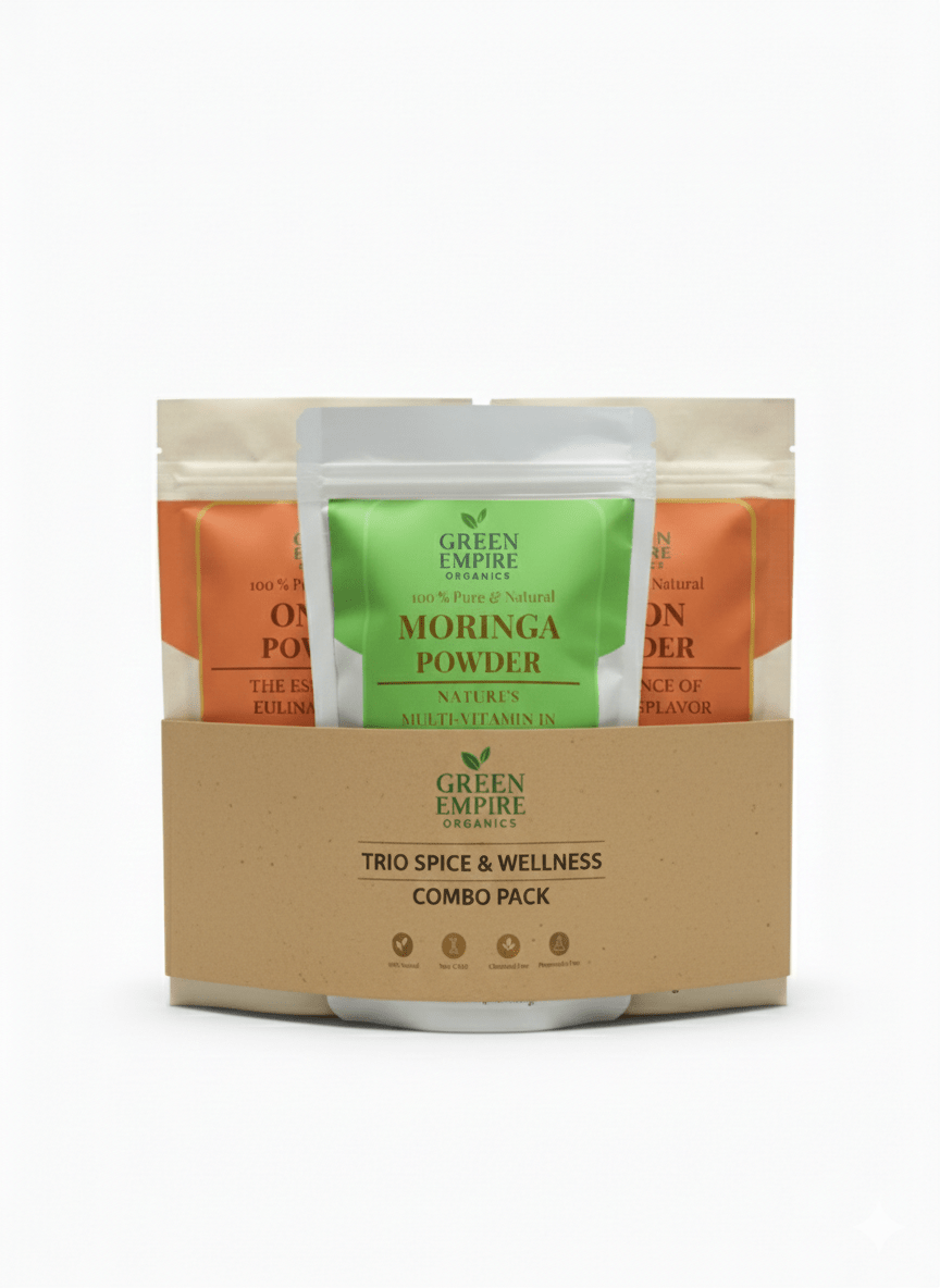Green Empire Organics – Superfood & Spice Combo (Onion Powder 100g + Multani Masala 100g + Moringa Powder 100g) - Green Empire Organics